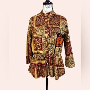 New Directions Cotton Multicolor Patterned/ beading Tie at Waist Button Down Top